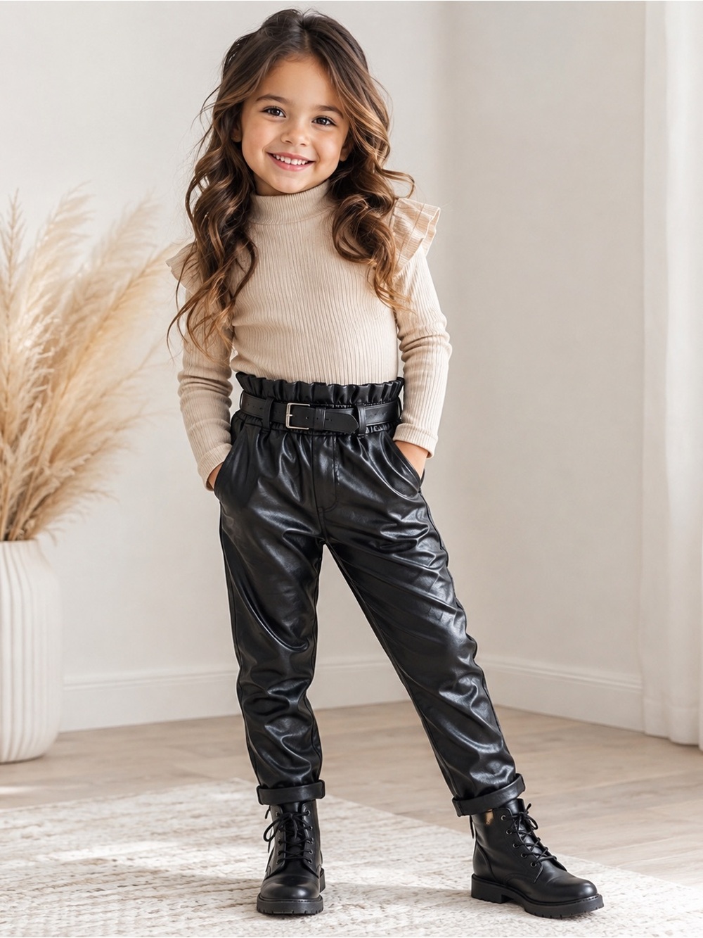 Girls Black Faux Leather Paperbag Pants with Belt | Size 110 / 4–5Y